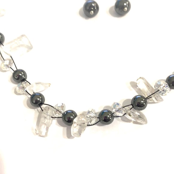 Floating Necklace Earrings Set Clear Hematite Stones - Picture 2 of 3